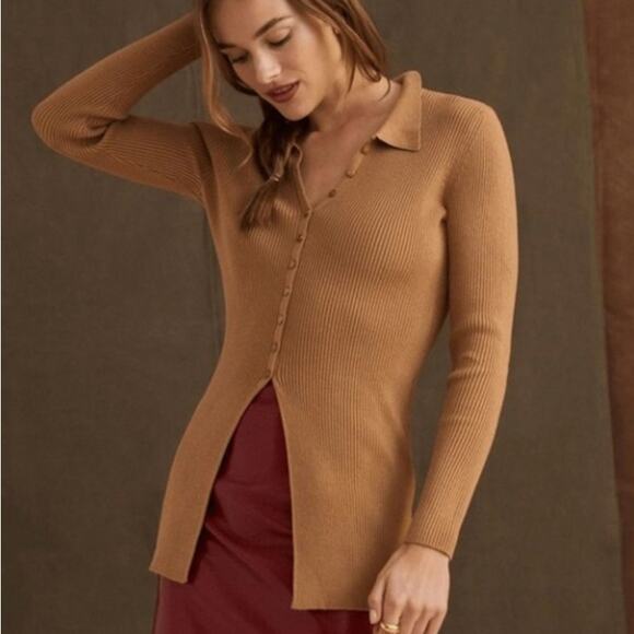 ANTHROPOLLOGIE x MAEVE Ribbed Long Tunic Cardigan Honey Camel Sz XL $138 {EE2}